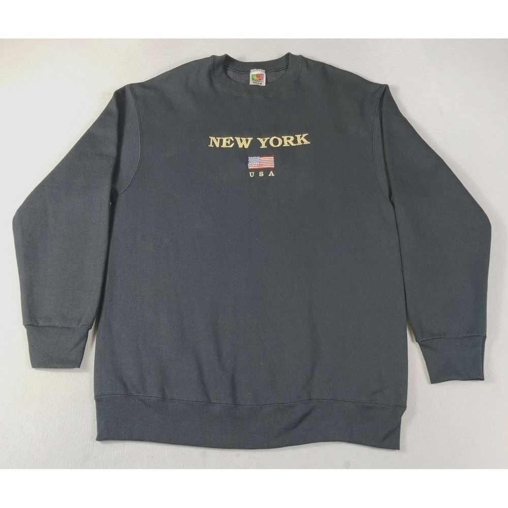 Vintage Fruit Of The Loom‎ Sweatshirt Mens Large Black New York Patriotic Flag